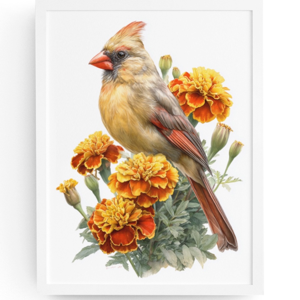 Watercolor Female Cardinal Bird with Marigolds Flowers Wall Art Print Unframed